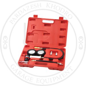تستر نشتی سرسیلندر با گیجهای دقیق و شیلنگ اتصال، مناسب بررسی افت فشار و عیبیابی سیلندر، سوپاپ و واشر سرسیلندر خودروهای بنزینی.