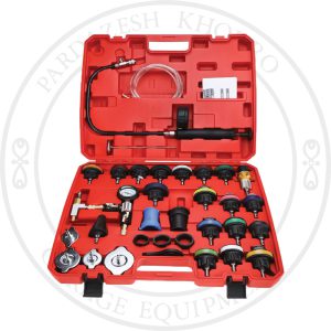 کیت تست نشتی رادیاتور 33 پارچه (Coolant Pressure Tester Kit / Radiator Pressure Compression Tester Kit) یک ابزار ضروری برای بررسی سیستم خنککننده خودروها و ماشینآلات است.